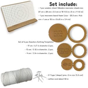 Macrame set for beginners - macrame board or full set for macrame costers PHONE NOT INCLUDED). You can use it for small macrame works (coasters, Christmas decorations, key chains, feathers, and similar) or for the realization of jewels in micro-macramé and decorative objects in macramé. It is composed of a pine pea structure that tilts and adjusts to the desired height according to your needs, a medium hardness EVA rubber foam that allows you to fix the wire with pins.